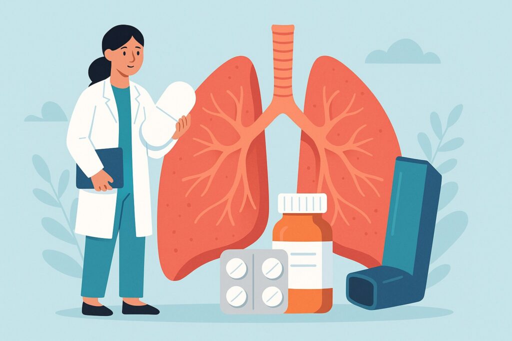 Illustration of a healthcare professional with lungs and medication, representing a new drug for bronchiectasis treatment.